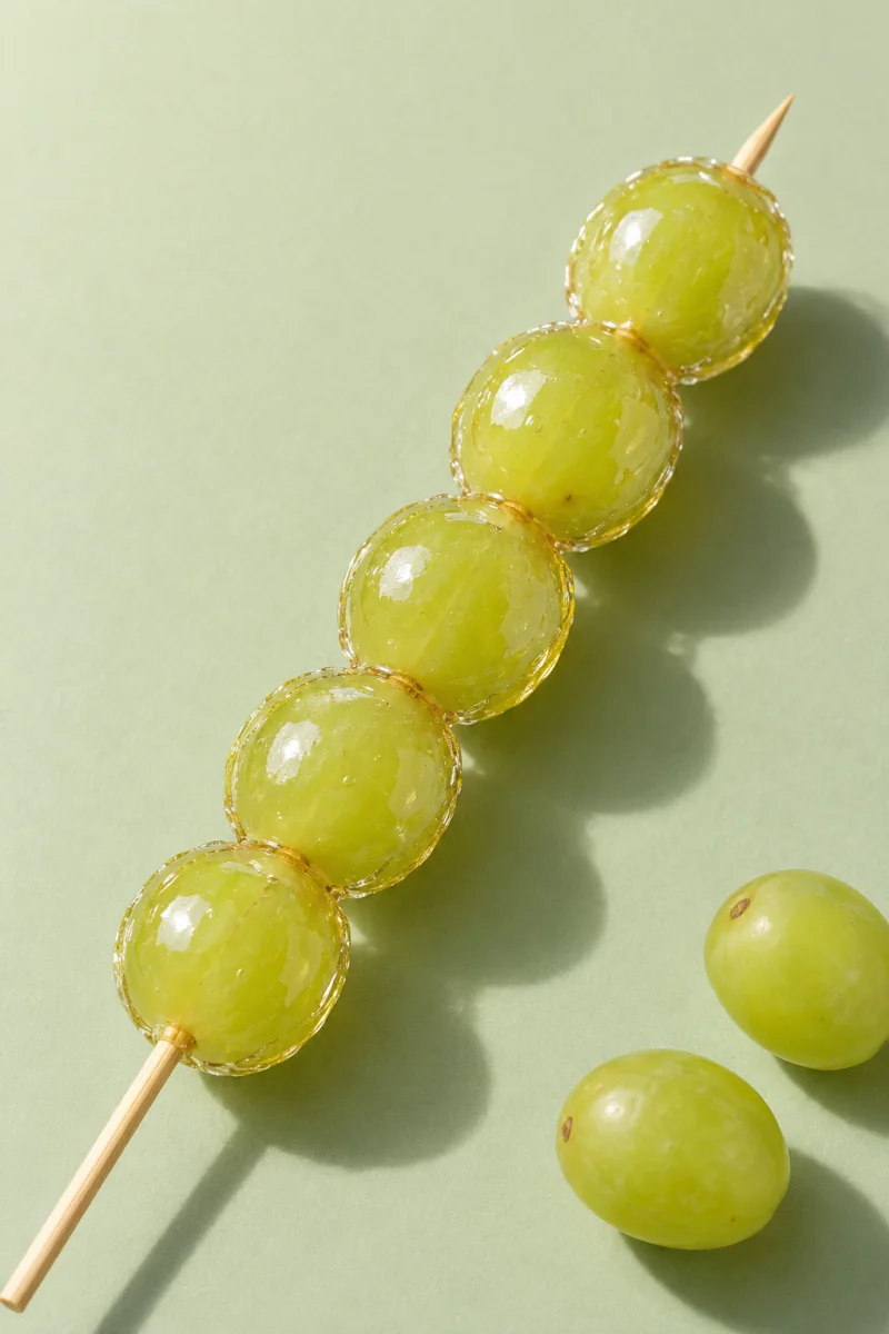 Fresh green grapes with a transparent sugar coating on a pale green backdrop